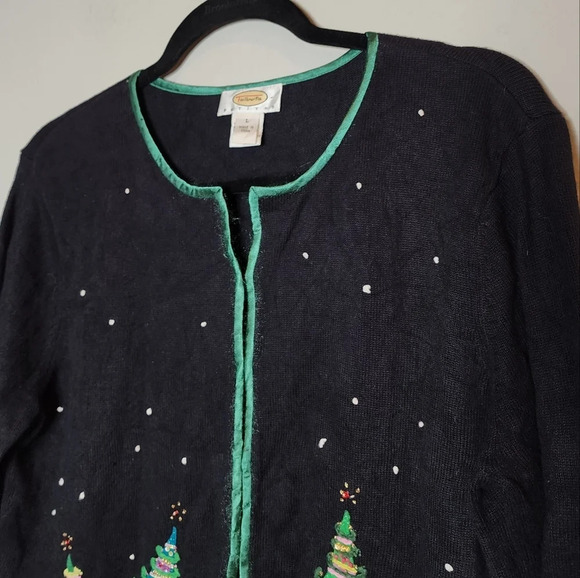 Talbots Christmas Tree Embellished Embroidered Knit Sweater Cardigan Size LP VTG - Picture 10 of 16